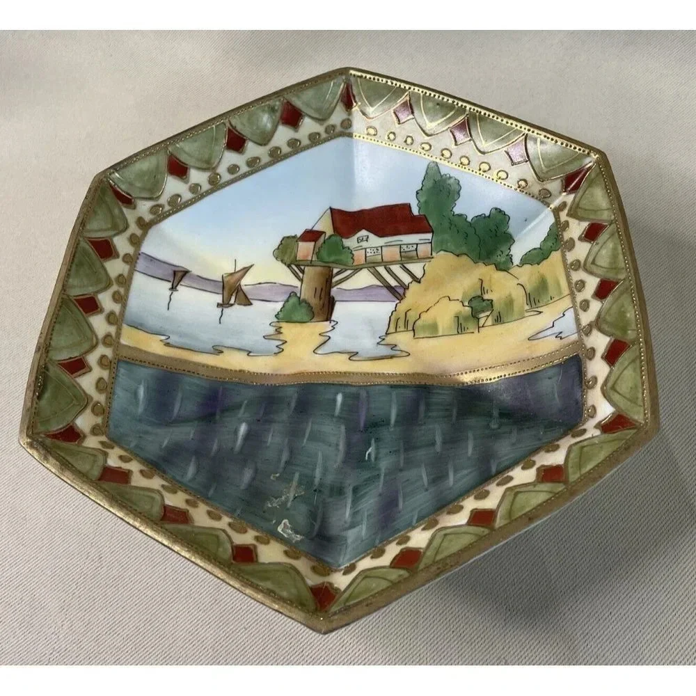 Imperial Nippon Hand Painted Footed Candy Dish Hexagon Water Scene READ‎ 7” VTG